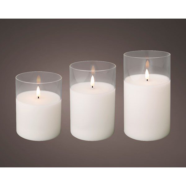 Set Of 3 Clear Glass LED Wax Candles
