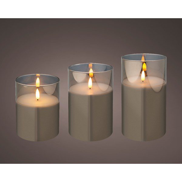 Set Of 3 Smoked Glass LED Wax Candles